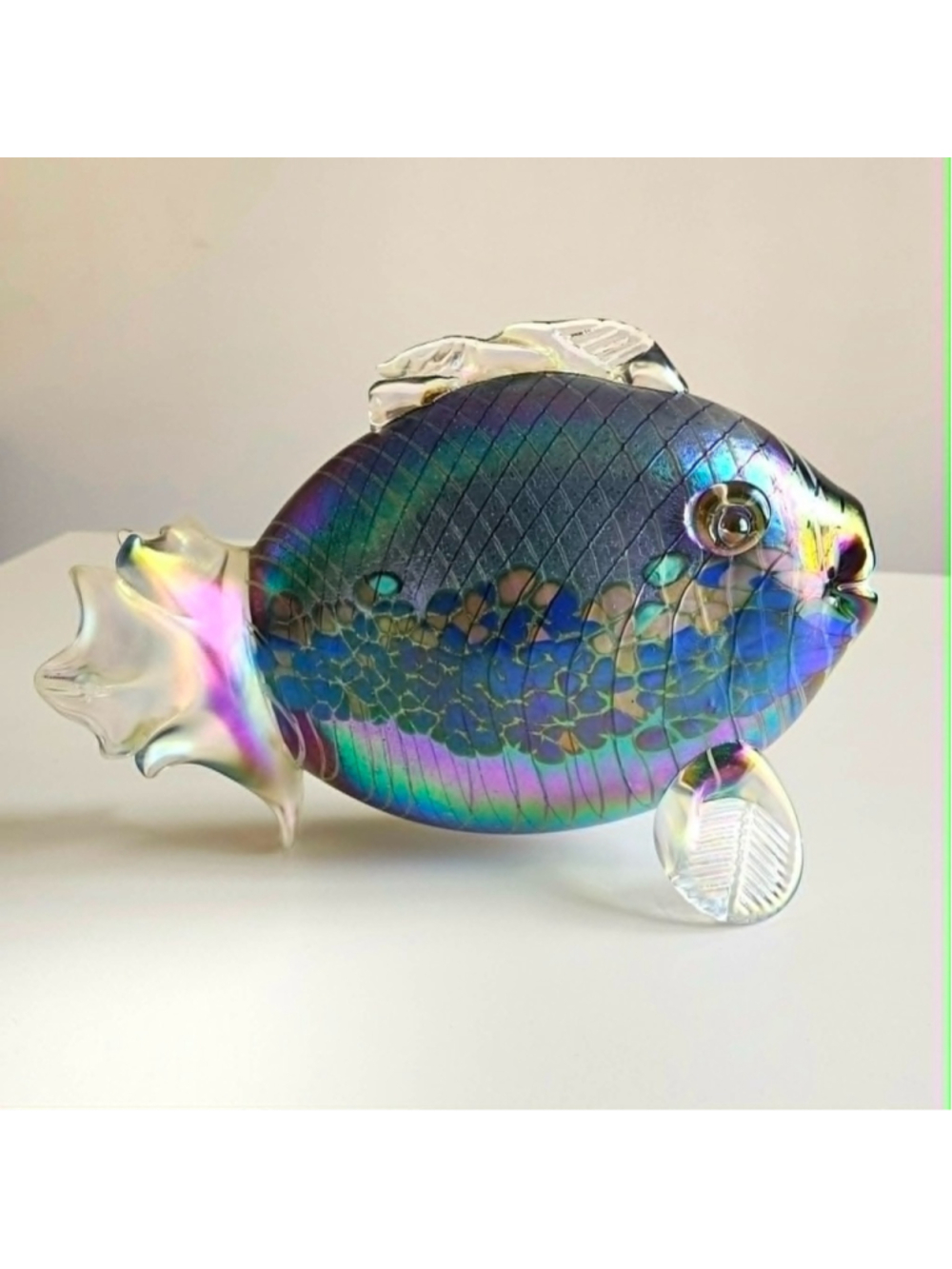 Rare David Tate Signed Iridescent Art Glass Fish Sculpture 1994 9.5" Large